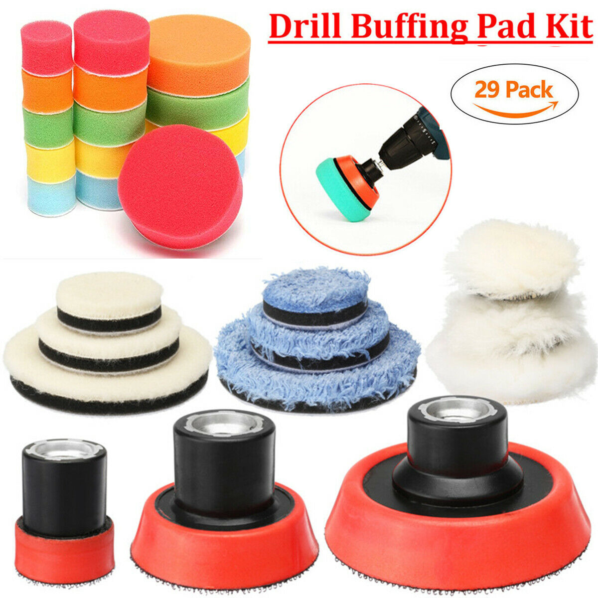 29Pcs 1/2/3 Inch Drill Buffing Buffer Pad M14 Backing Pad Adapter Foam Woolen