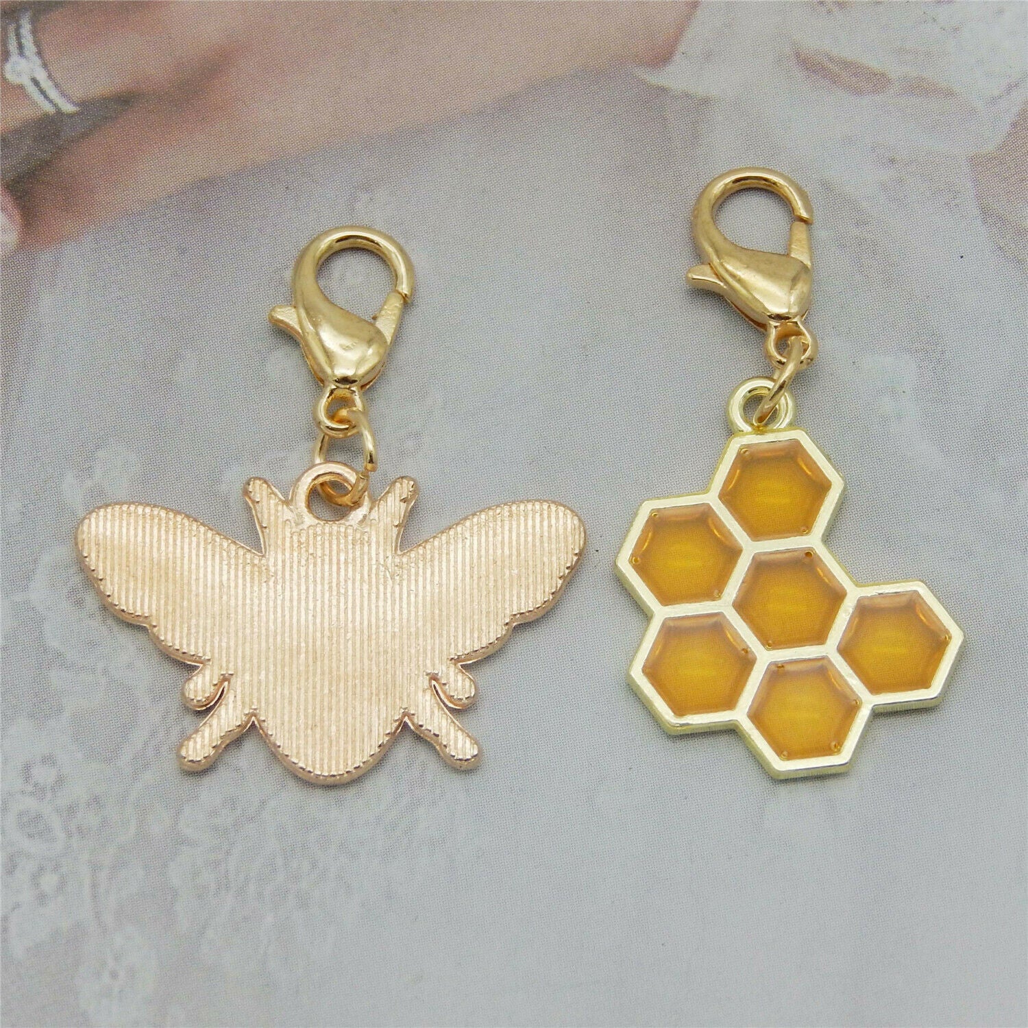 12 PCS Bulk Mini Golden Alloy Bee Charm Enamel Honeycomb Lobster Clasp Pendant