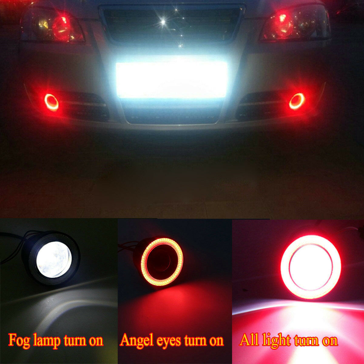 3.5" COB LED Fog Lights Projector Car Red Angel Eyes Halo Ring DRL Driving Lamp