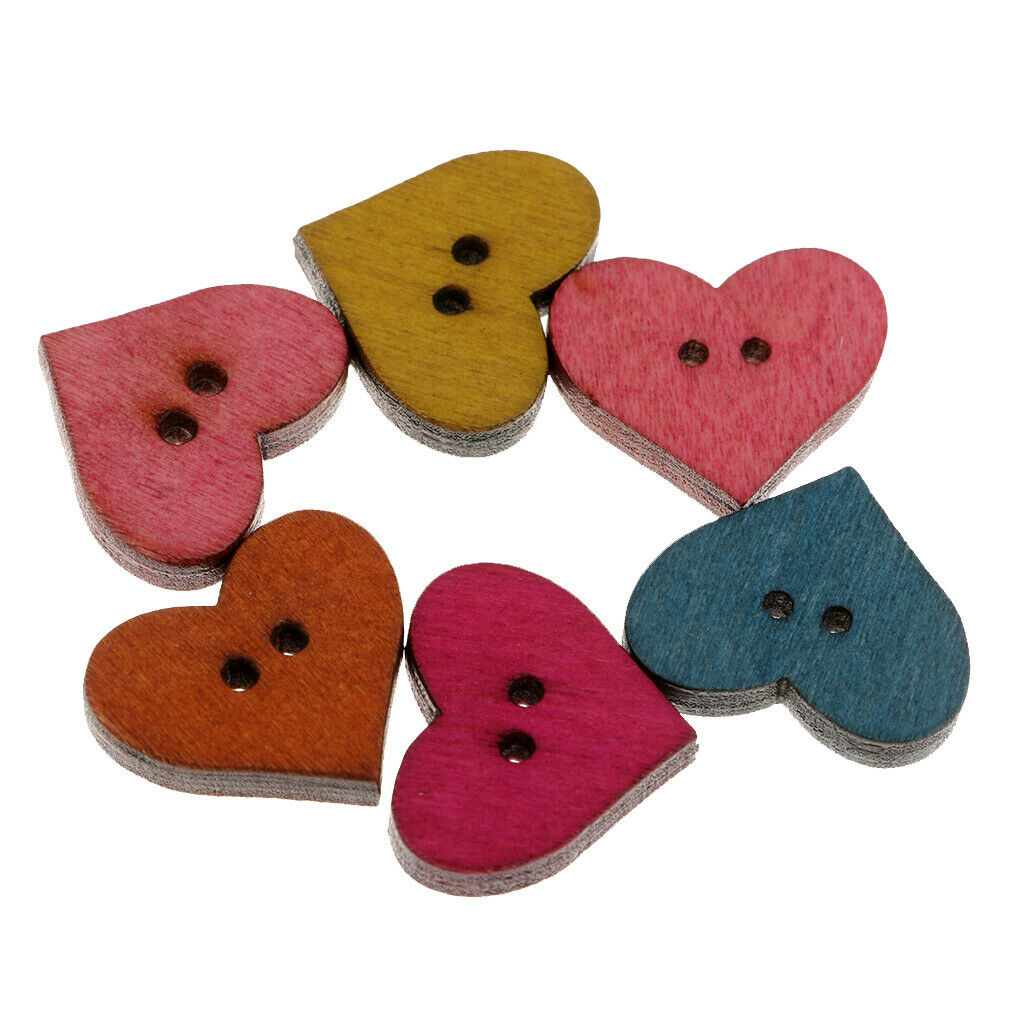 50pcs Assorted Heart Shape Wooden Flatback Buttons for Kids Crafts DIY 19mm