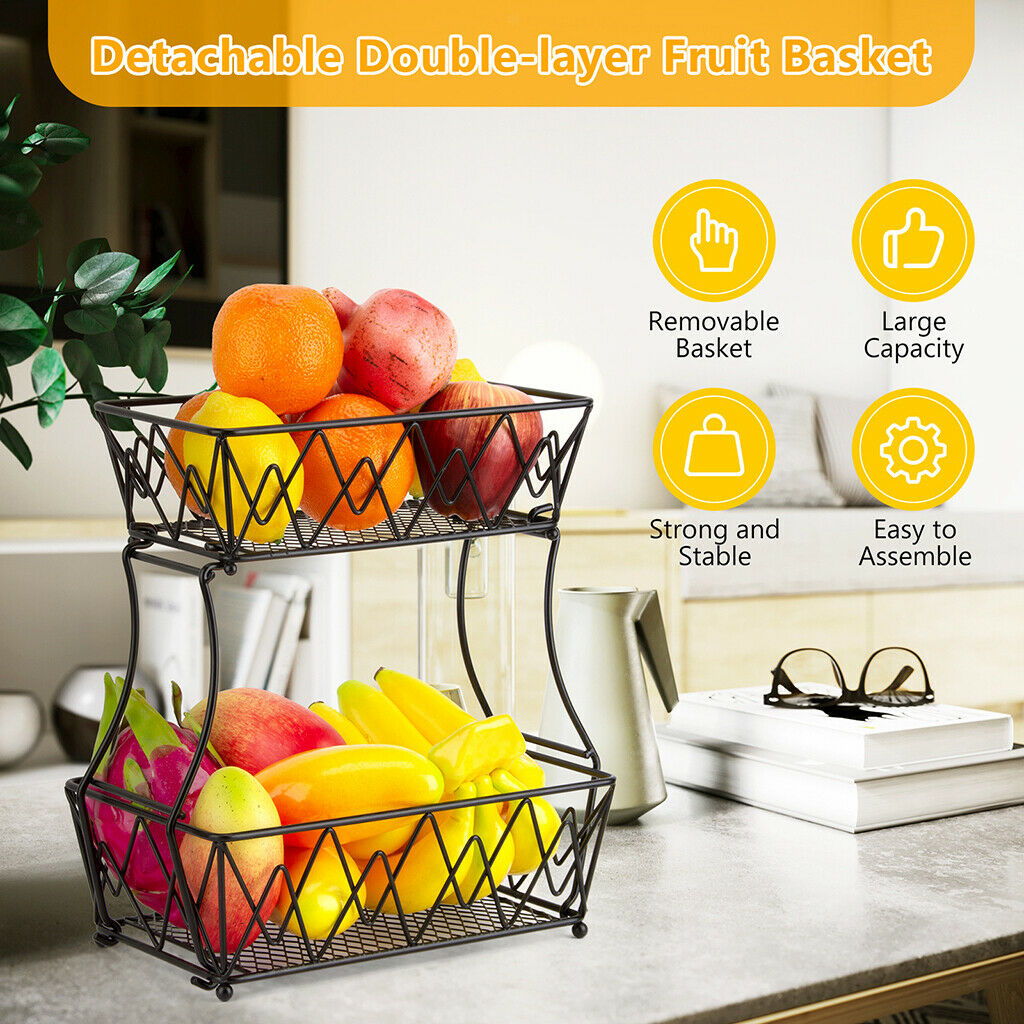 Detachable 2-Tier Fruit Basket Fruit Holder Kitchen Stand for Fruits Black