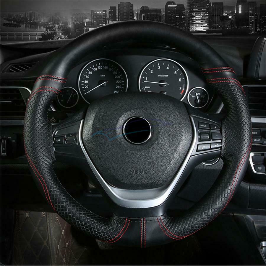 1Set Real Leather Black 38cm Skidproof Car Truck Steering Wheel Protection Cover