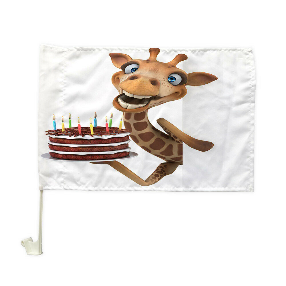 Birthday Giraffe and Cake Car Flag Car Window Car Culture Auto Flag 12" X 18"
