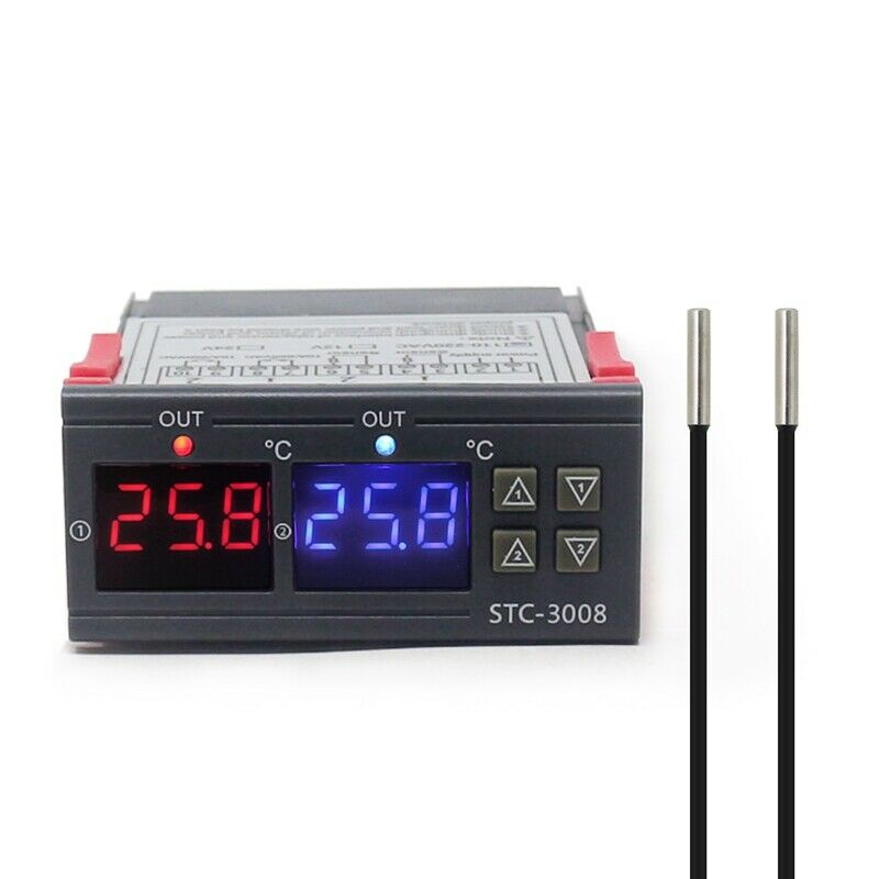 STC-3008 Dual Digital Incubator Thermostat Display Temperature Controller 12V T2