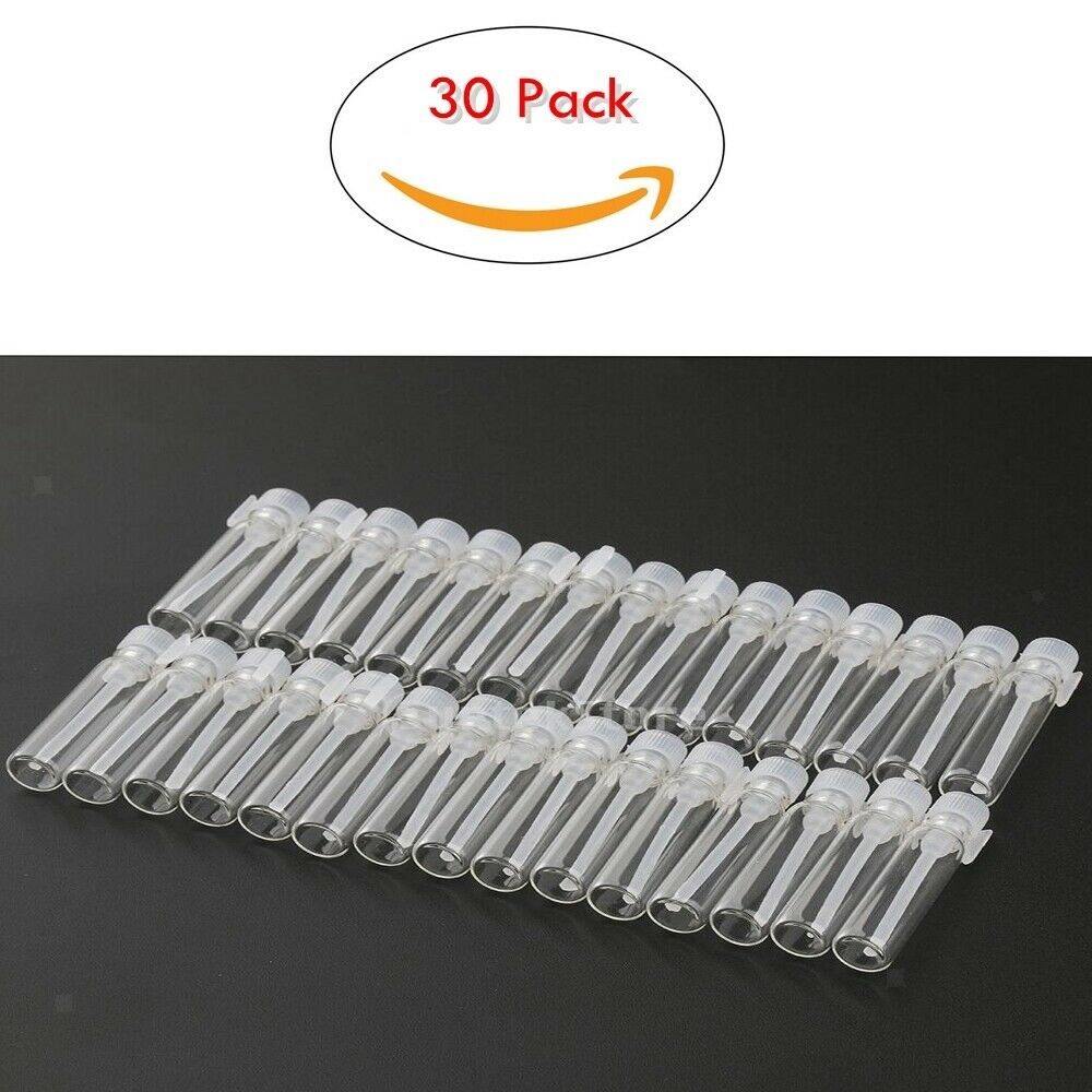 30 lot Travel Empty Mini Clear Glass Bottle Jar Sample Vials for Liquid 2ml