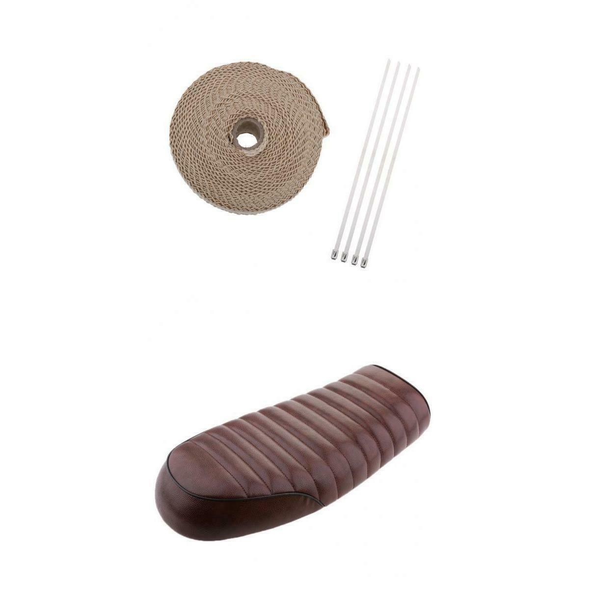 Motorcycle Cafe Racer Seat Brown +2" 32Ft Fiberglass Exhaust Heat Wrap Beige