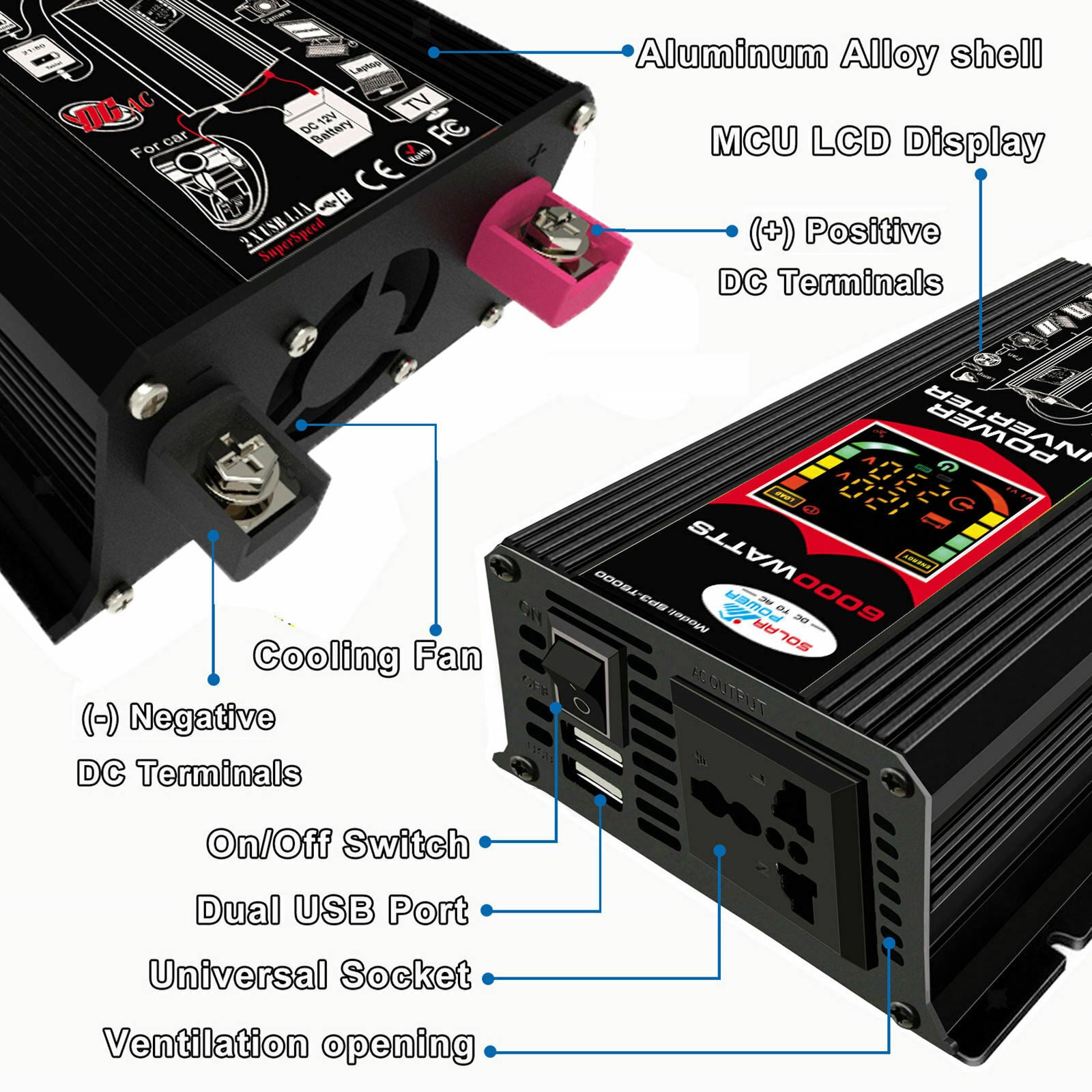 6000W Peak Car Power Inverter 12V to 110V DC to AC Dual USB Port Black