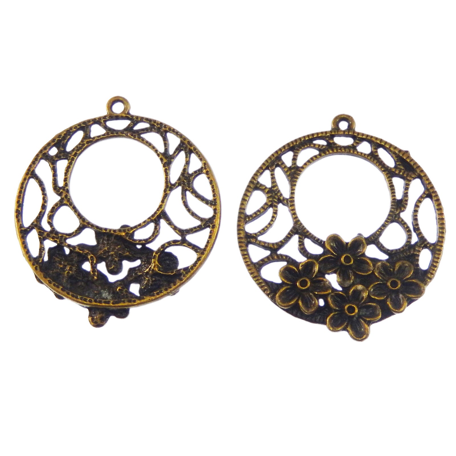 12 pcs Antiqued Bronze Alloy Hollow Floral Charm Round For Pendant Dangle 35mm