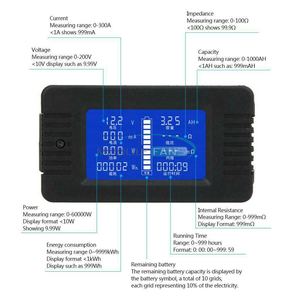PZEM-015 Battery Tester Monitor DCVoltage Current Power Capacity Table+50A Shunt
