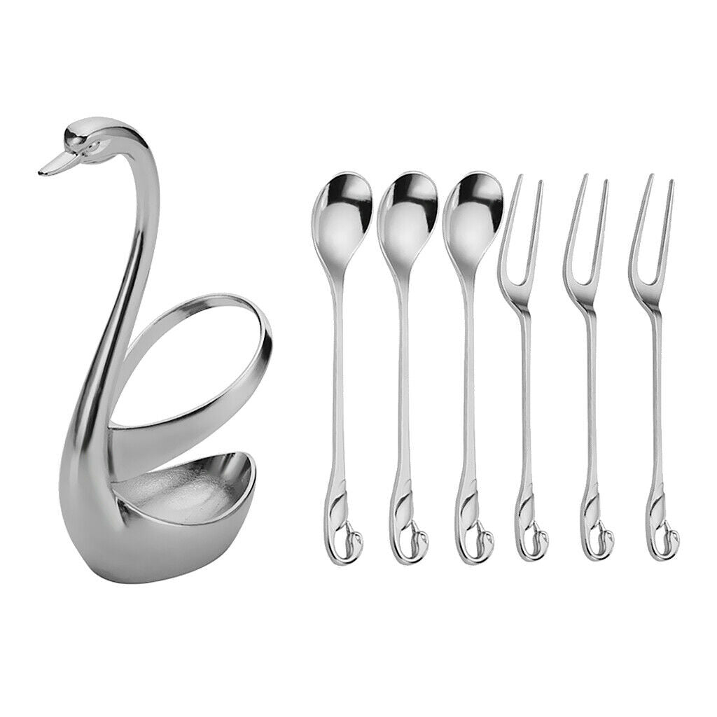 3pcs Fruit Fork And 3pcs Stainless Steel Coffee Spoons with Swan Holder Home