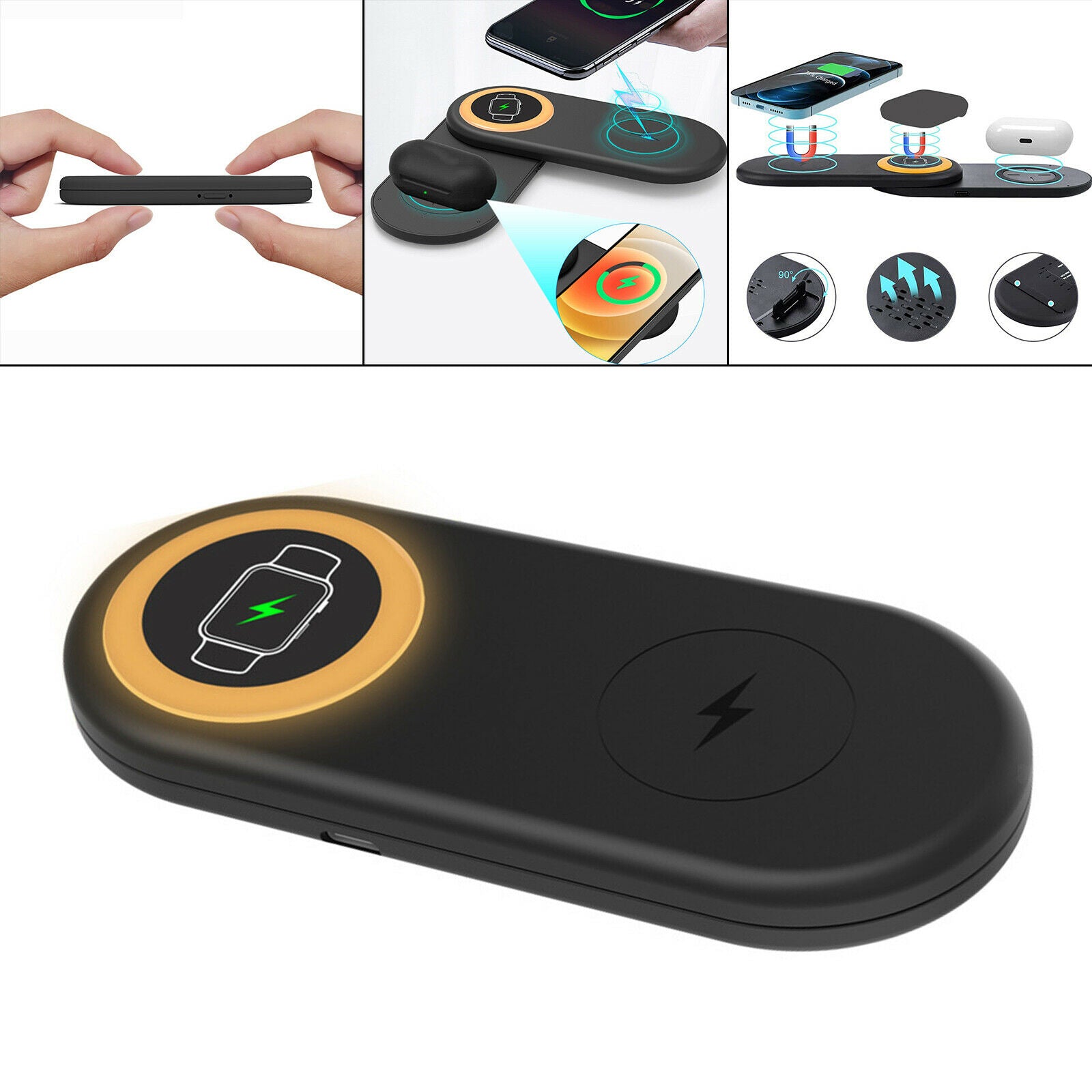 360° Rotation 3 in 1 Foldable Wireless Fast Charger Charging Station Black