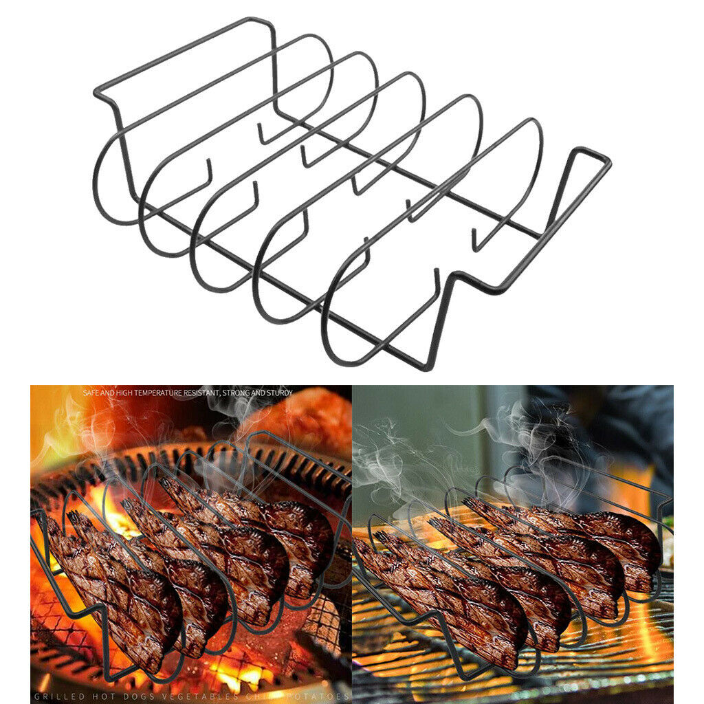 Iron Non-Stick Rib Shelf Holds 4 Ribs for Grilling Barbecuing Chicken Beef
