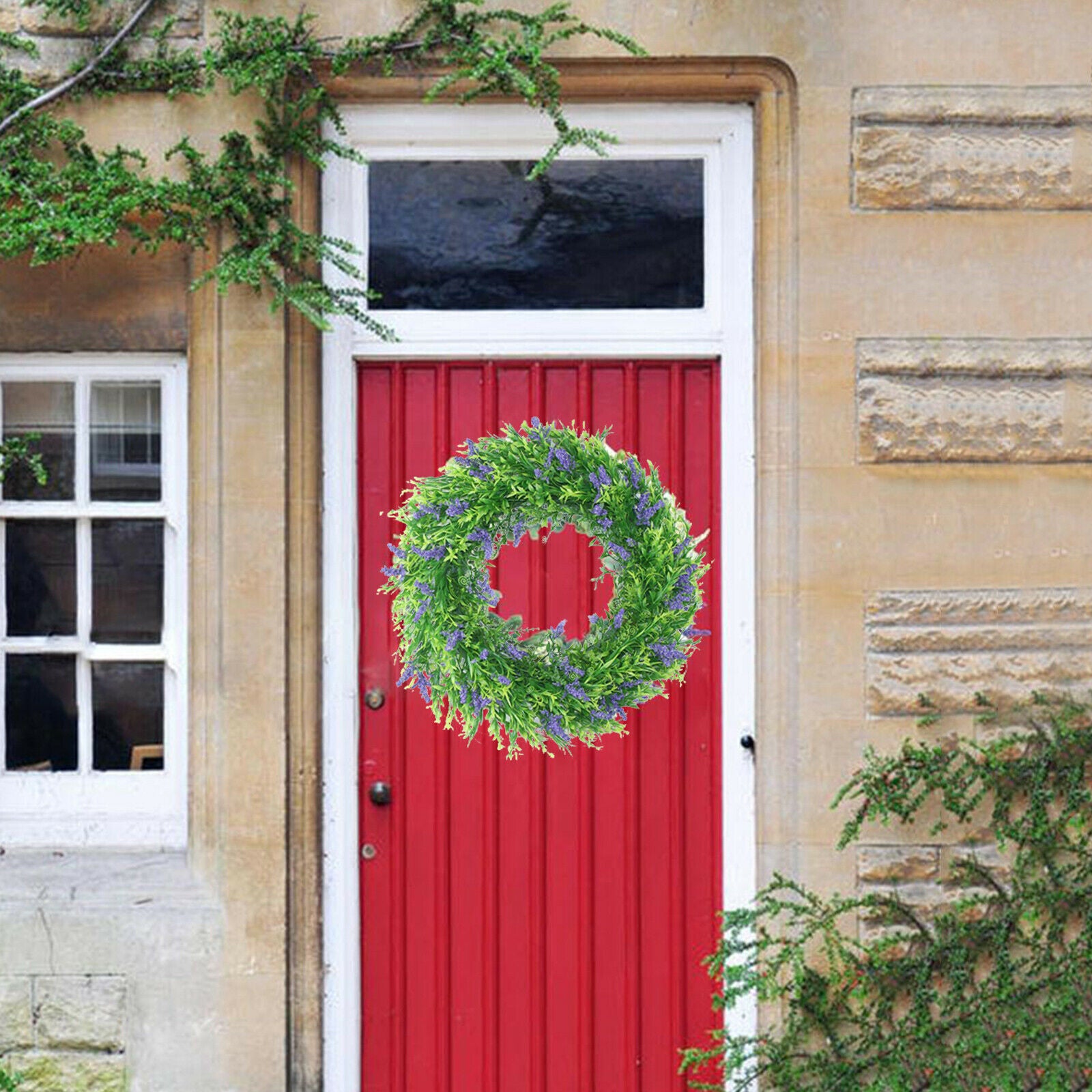 Artificial Lavender Wreath Faux Floral Front Door Wreath for Spring and Summer