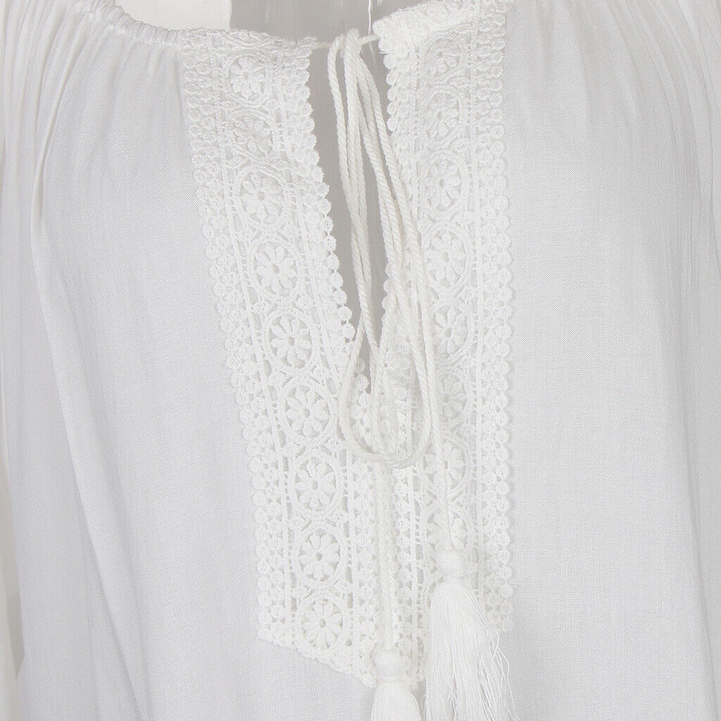 Women Tassel Lace Bathing Suit Beach Dress Swimwear Bikini Cover Up White L