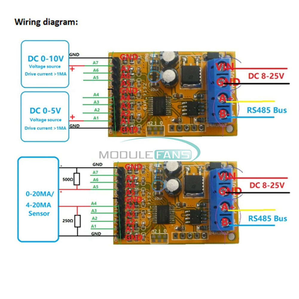 0-5V 0-10V 7ch ADC Analog Voltage Acquisition Sampler RS485 ModBus RTU Module