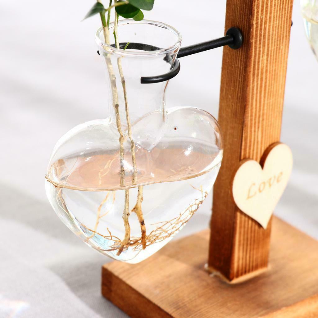 Modern Love Heart Shape Tabletop Glass Hydroponic Flower Vase w/Wooden Stand
