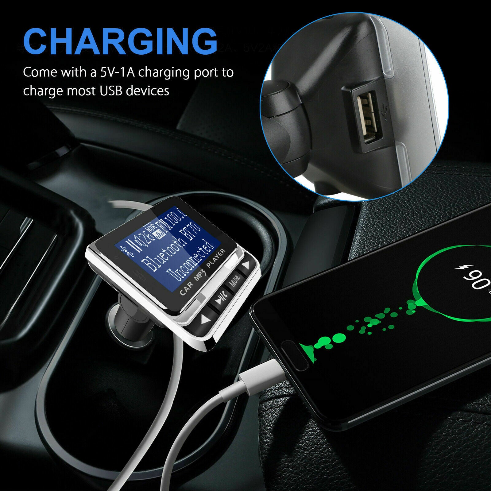 Bluetooth Wireless Car FM Transmitter Aux USB Charger Hands-Free Call 1.4 inch