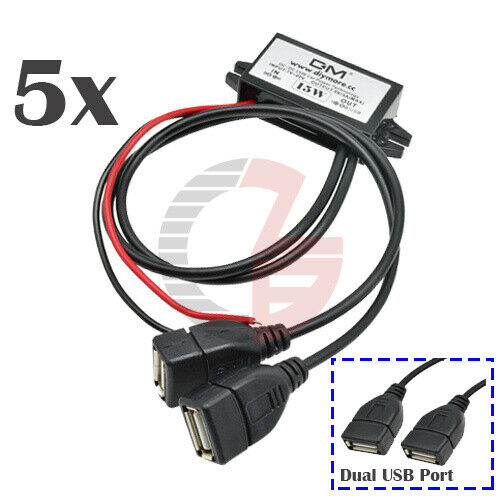 5PCS 12V to 5V 3A Dual USB Power Adapter Converter Waterproof Car Charger Cable