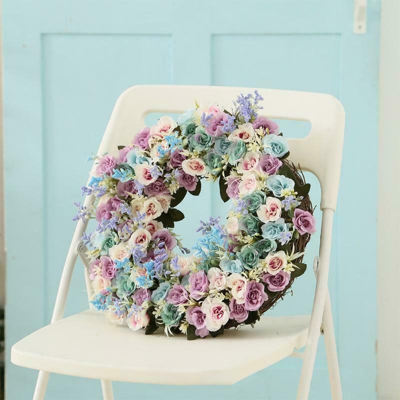 Artificial Lavender Rose Spring Flower Wreath Decoration For Wedding Front Door