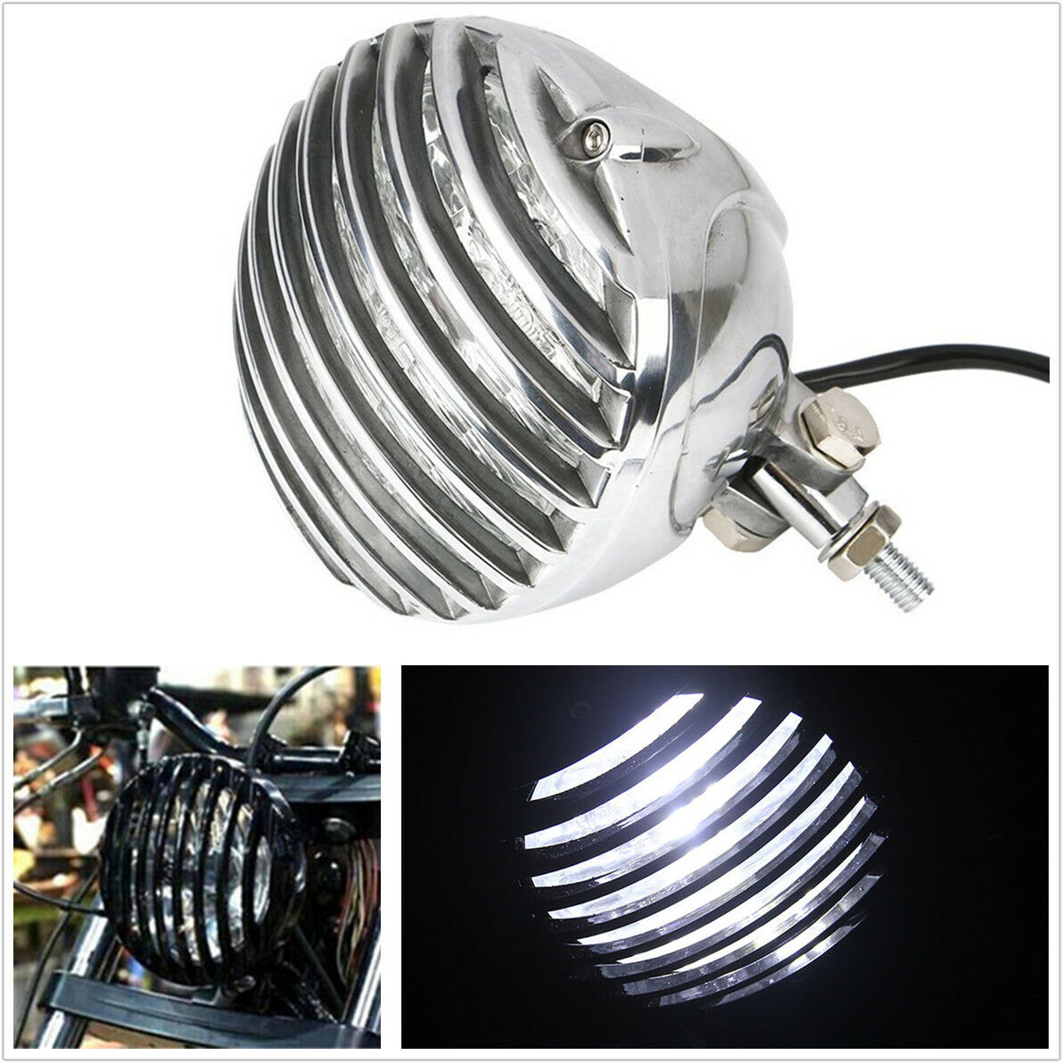 Motorcycle Finned Grill Led Headlight High Low Beam ForCafe Racer Bobber Chopper