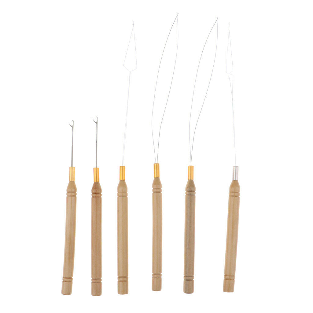 6Pcs Wooden Hair Extensions Loop Needle and Threader Hook Pulling Tools Set