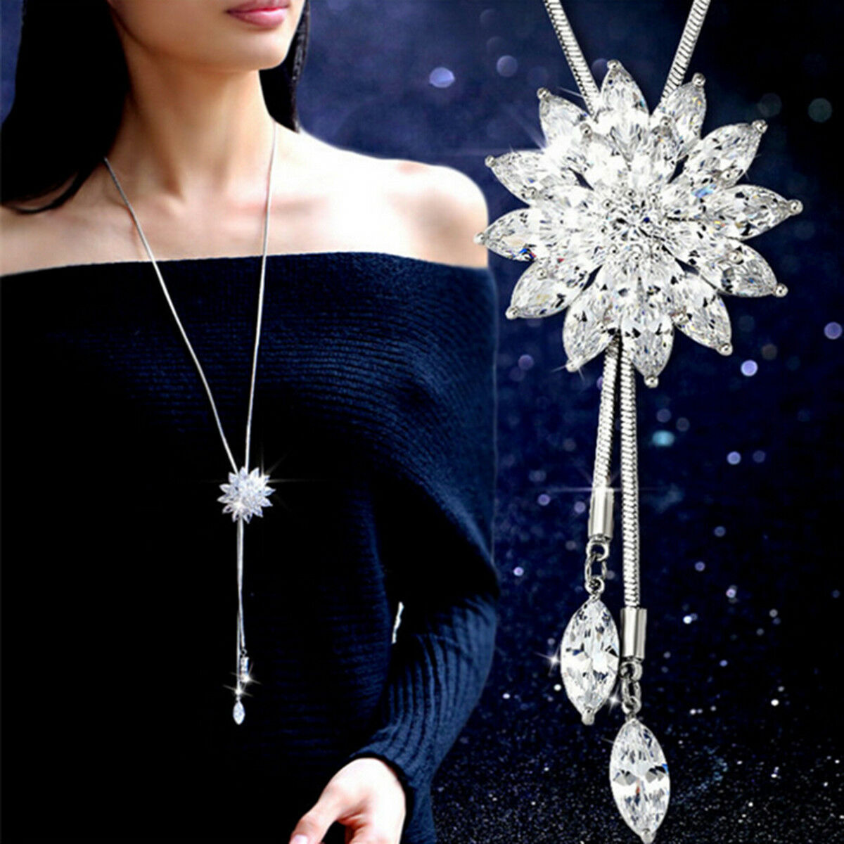 Women Rhinestone Snowflake Pendant Long Chain Sweater Necklace Jewelry Fashion