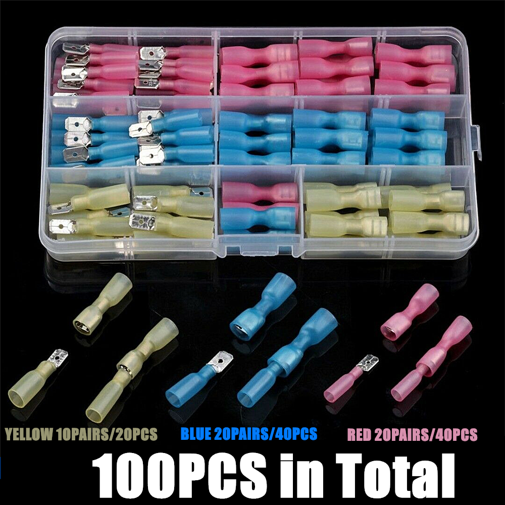 100 Pcs Terminal Box Mounted Heat-Shrinkable Connector Bullet-To-Terminal