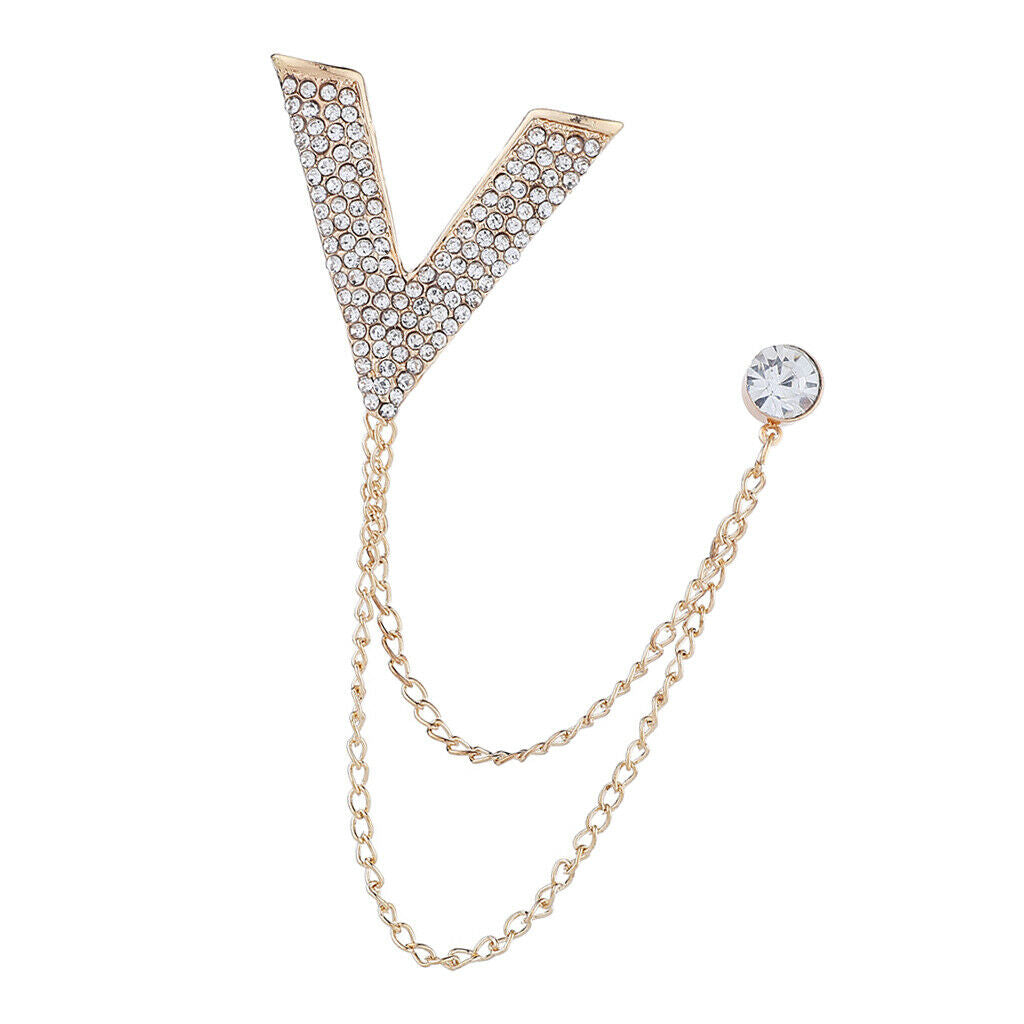 2x Crystal V Brooch Chain Collar Lapel Pin Wedding Party Tuxedo Shirt Stud