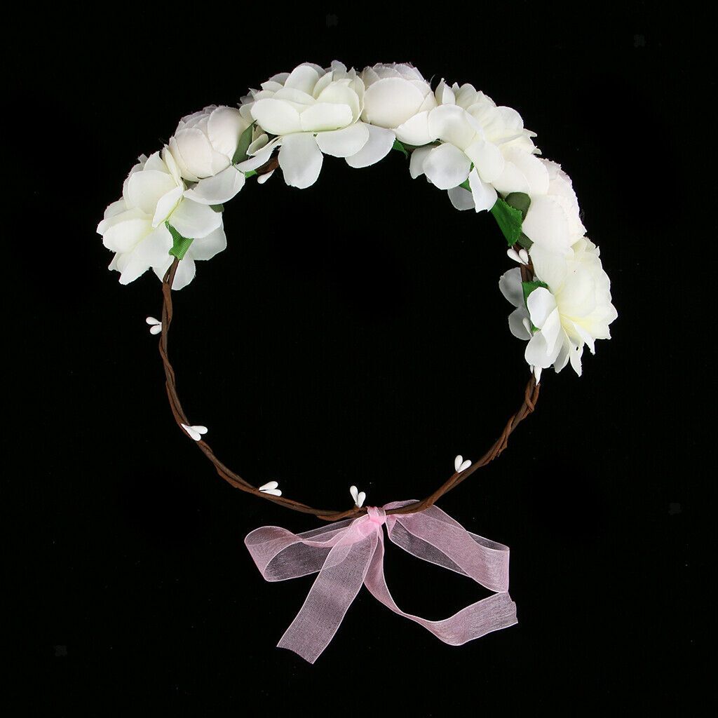Silk Flower Wreath Headband Garland Wedding Festival Party Hair Costume - Beige,