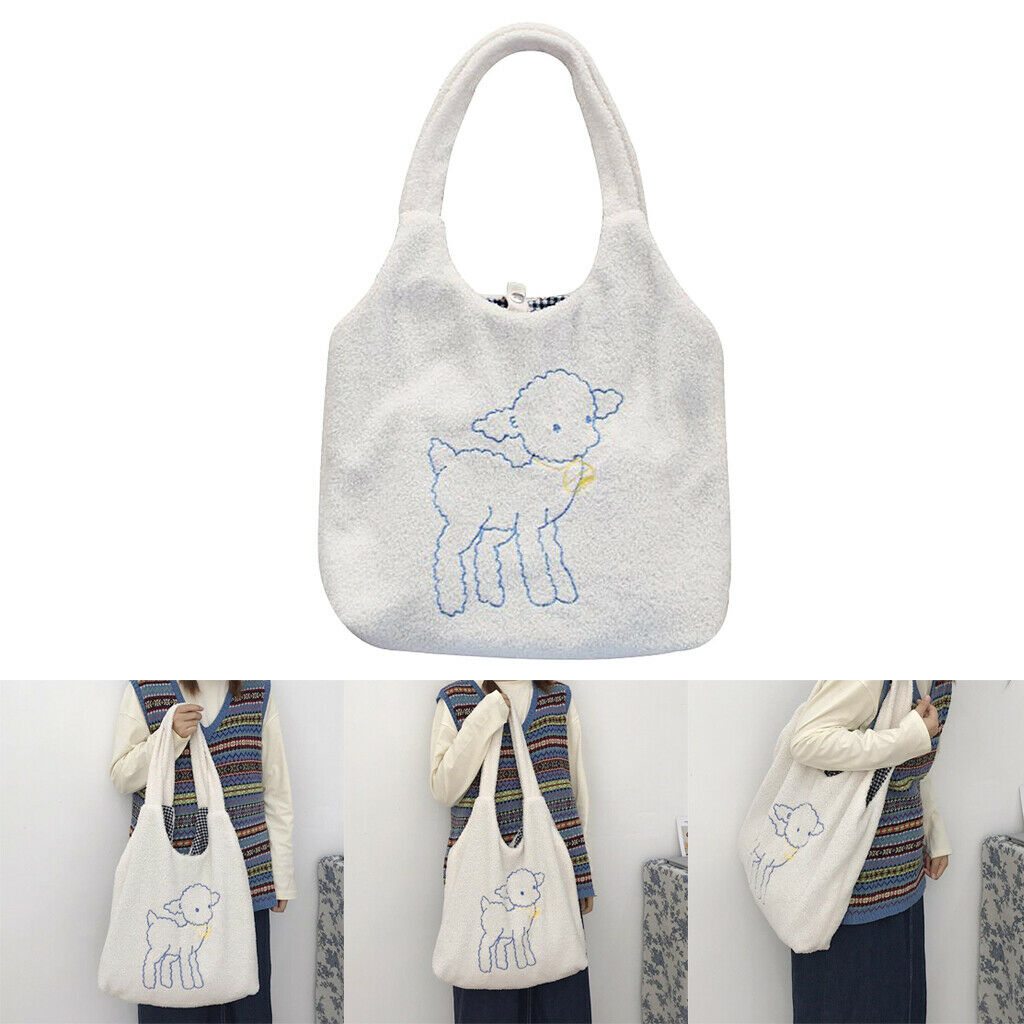 Plush Shoulder Bag Sheep Print Fuzzy Warm Tote Crossbody Large Capacity