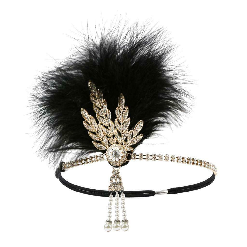 Set of 2 Womens Feather Headband Chain Stretchy Rhinestone Hairband Beaded