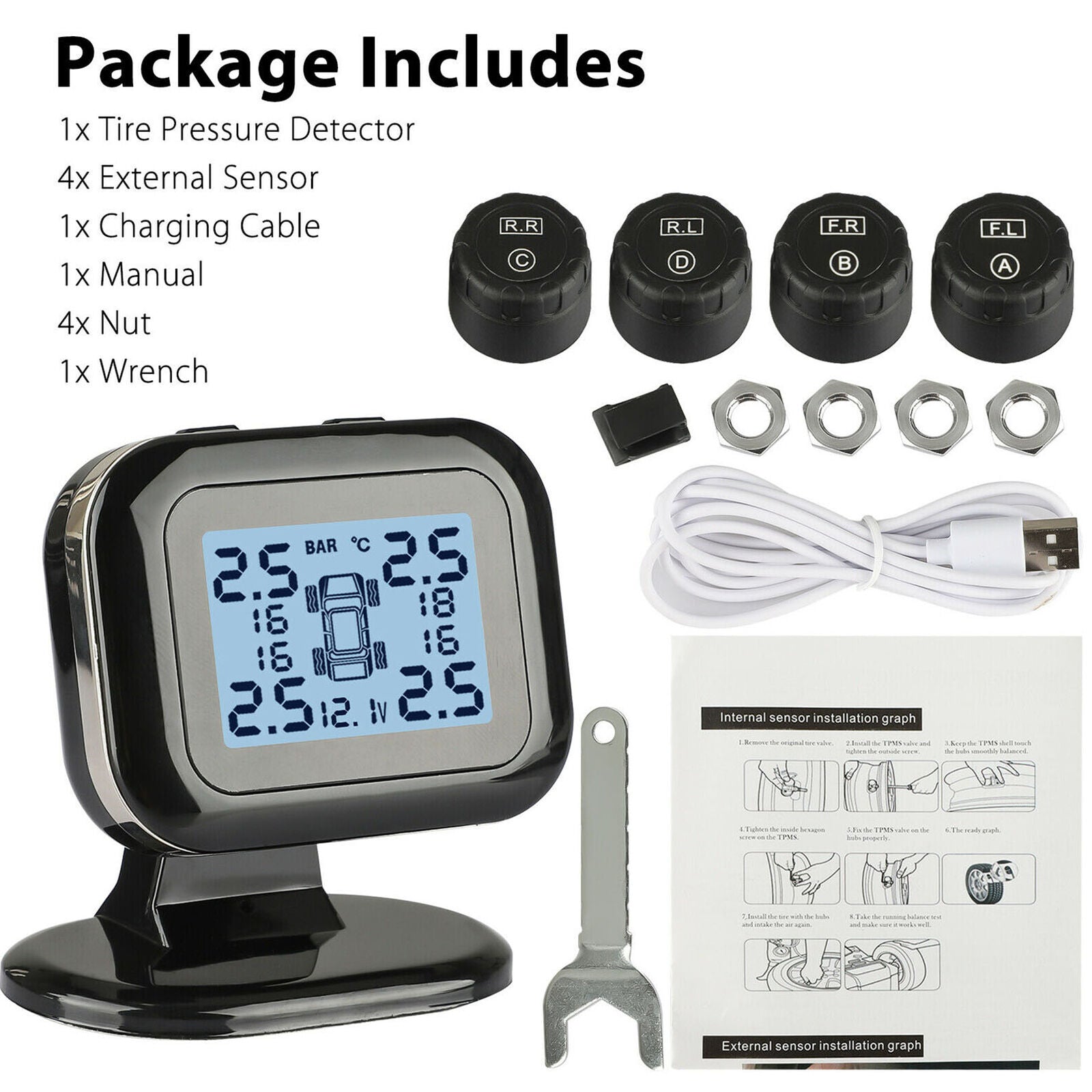 Wireless USB TPMS LCD Car Tire Pressure Monitoring System + 4 External Sensors