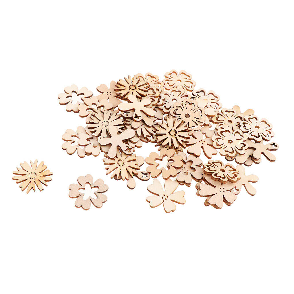 50pcs Chic Wood Buttons Cutout Flowers Shapes Wooden Craft DIY Scrapbooking