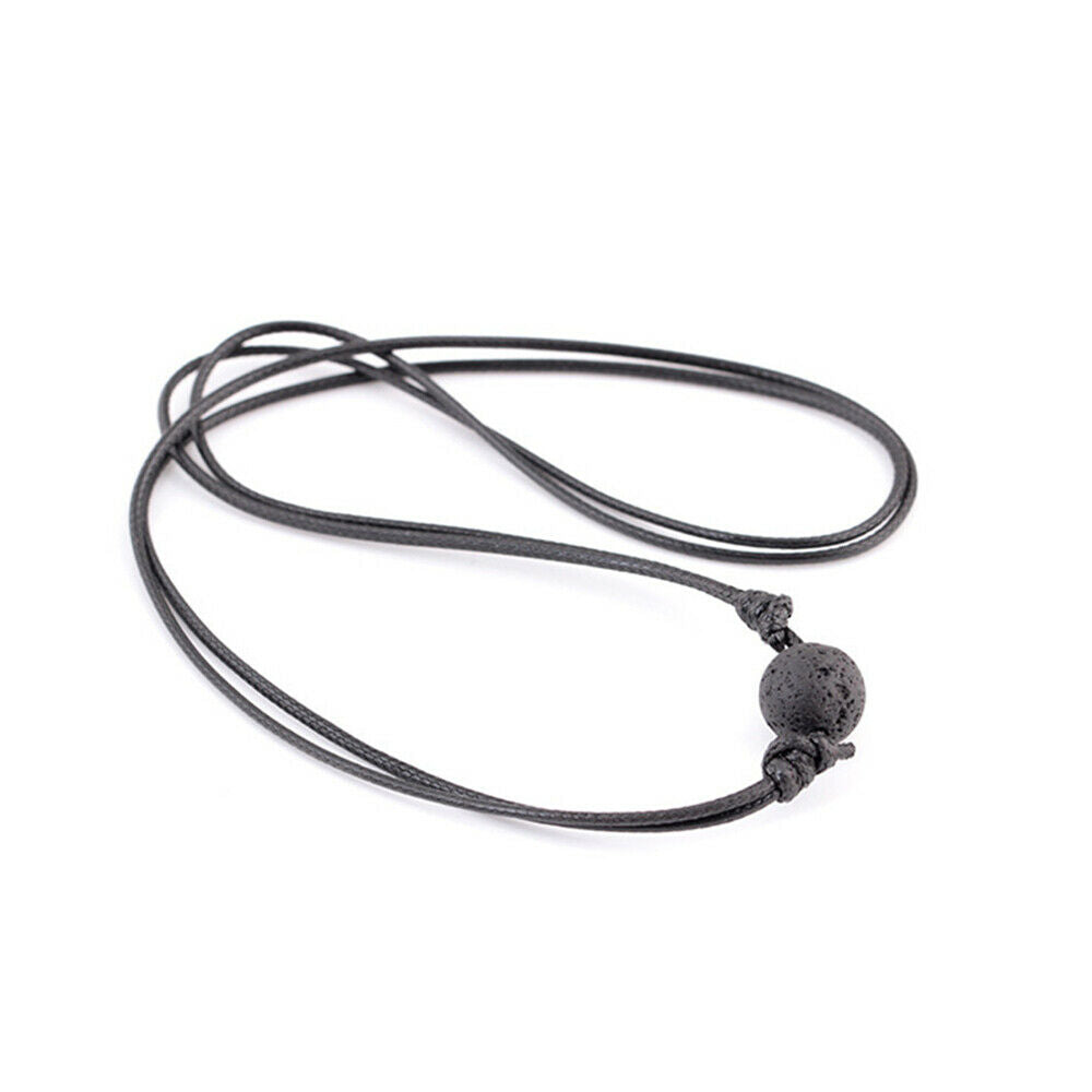 Women Men Natural Lava Stone Bead Diffusion Pendant Black Leather Cord Necklace