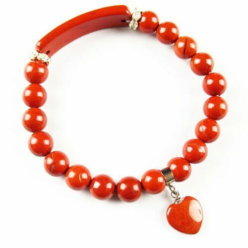 Natural Red Jasper Ball Oblong Heart Rhinestone Stretchy Bracelet 7.5 inch 63SL