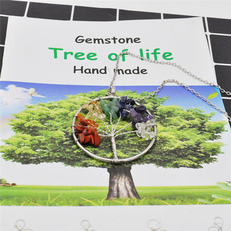 7 Chakra Healing Tree Of Life Pendant Necklace Crystal Natural Stone Neck.l8
