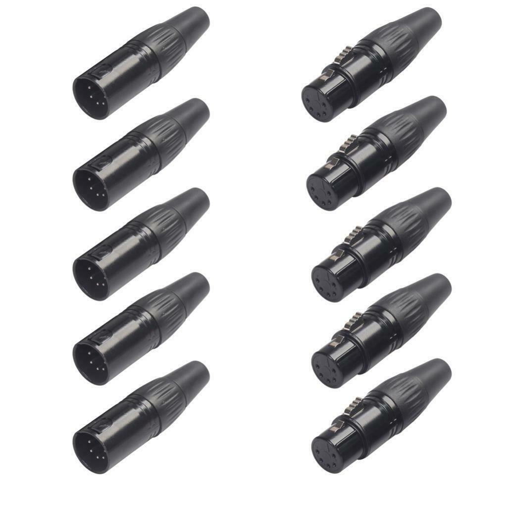 2Pcs Black 5 Pins Audio Video RCA Adapter Plug Microphone Audio Connector