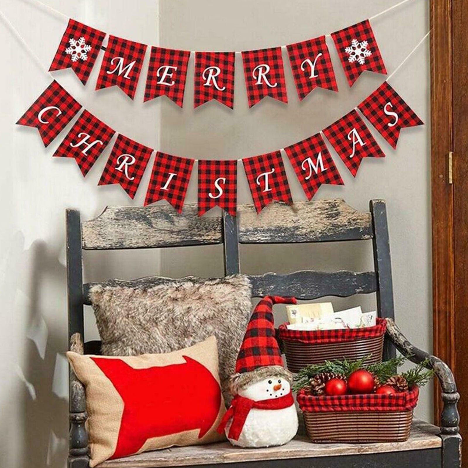 Merry Christmas Banner Flag Red Burlap Plaid Hanging Ornaments Home Party Decor