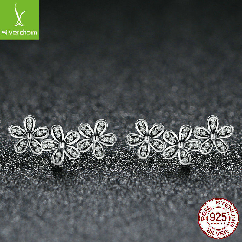 Authentic Dazzling Daisy Flower CZ stud Earrings fit sterling 925 women Jewelry