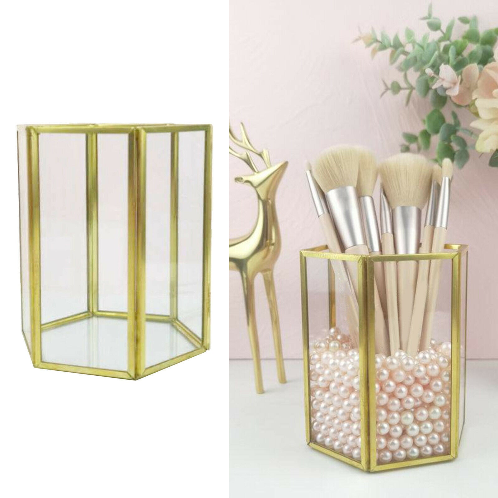 Hexagon Glass Pencil Holder, School Office Desktop Storage Container, with