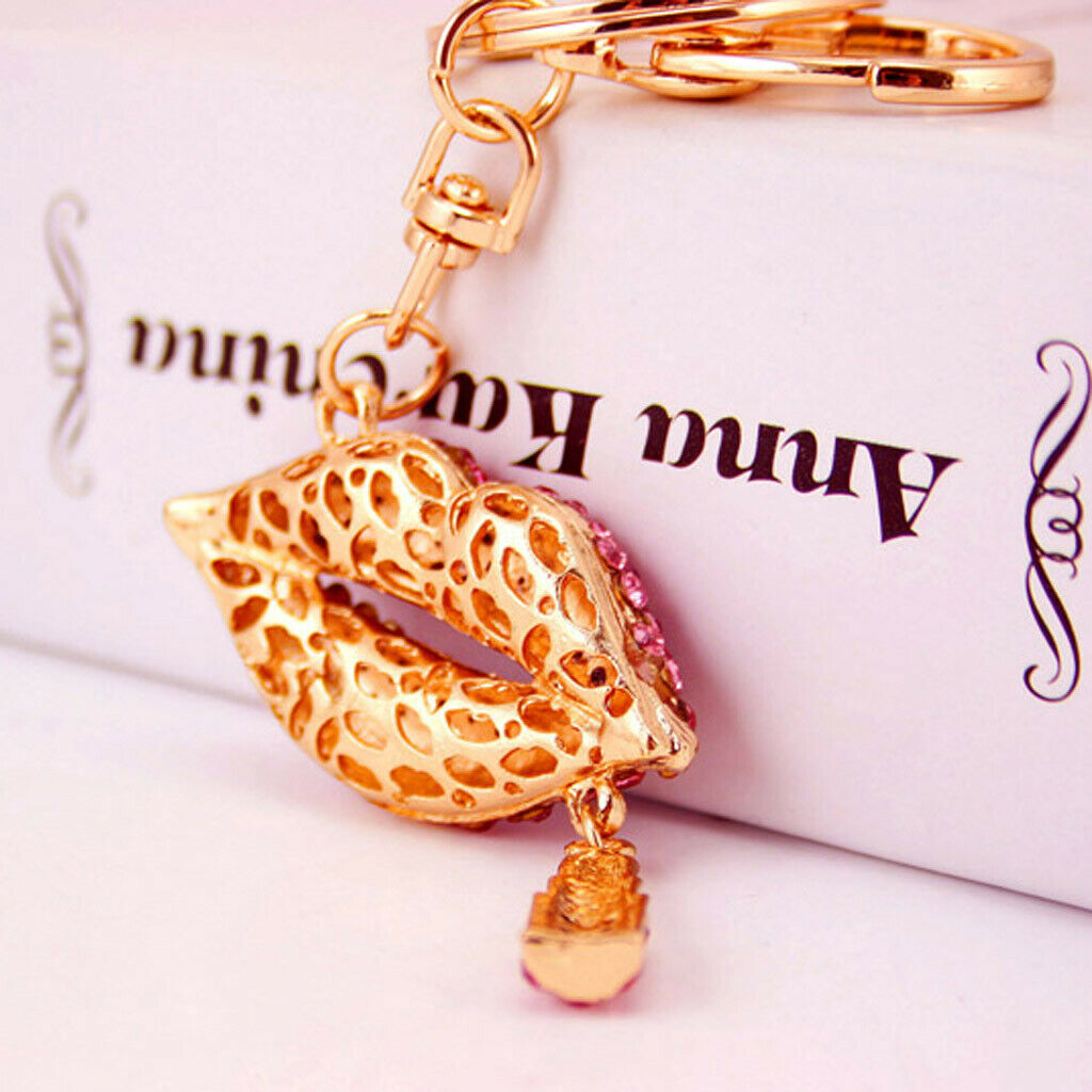 Lips Lipstick Rhinestone Pendant Keychain Women Gift Accessories Red