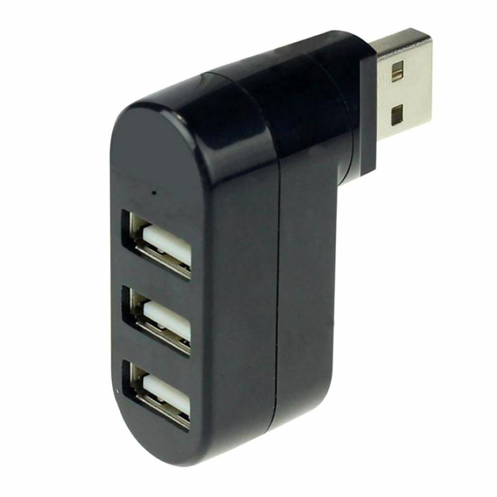 Premium Mini 3-Port USB 2.0 90°/180° Degree Rotatable Hub Adapter, Black