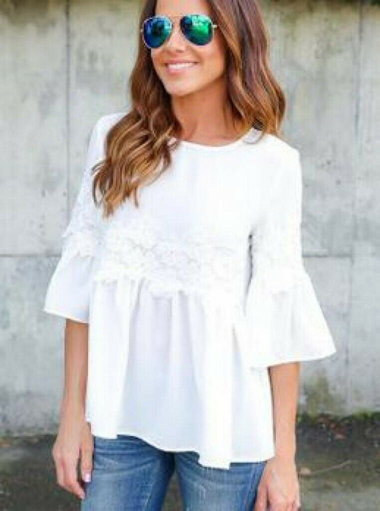 Womens Fashion Ladies Lace Chiffon Long Sleeve Loose Casual Blouse T-Shirt Tops