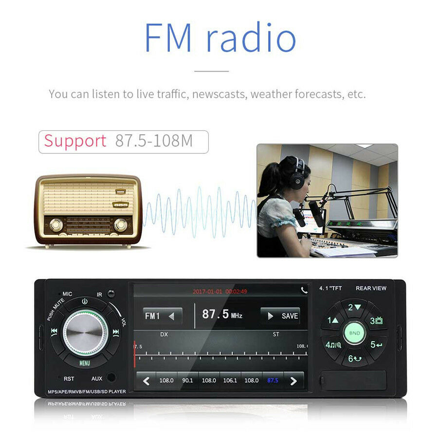 4.1" HD 1Din Car Audio Stereo MP5 Player Bluetooth FM Radio AUX w/Remote Control