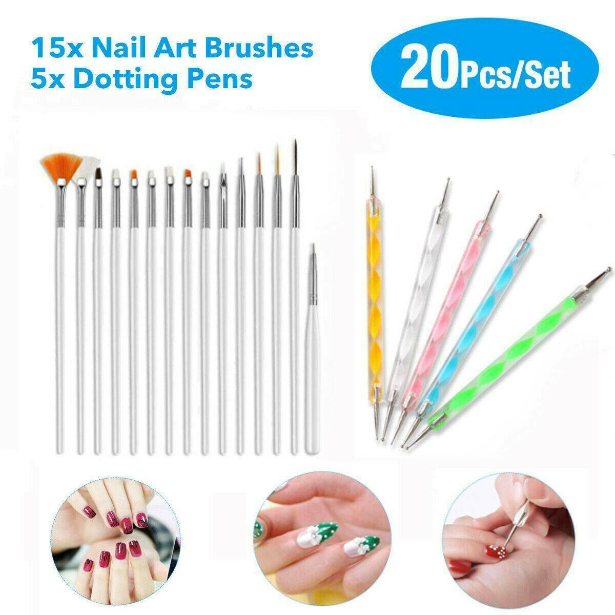 20Pcs UV Gel Nail Art Design Set Dotting Painting Drawing Polish Brush Pens Tool