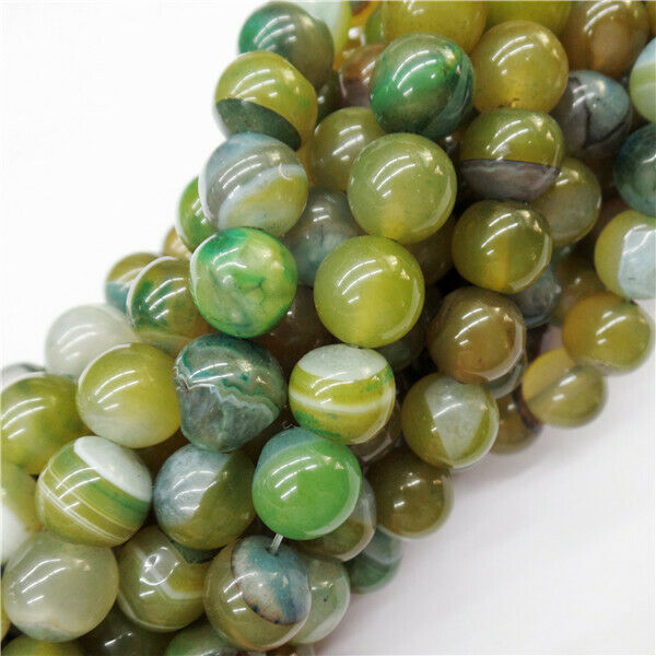1Strand 10mm Green&Yellow Stripes Onyx Agate Round Ball Loose Beads 15.5" HH9053