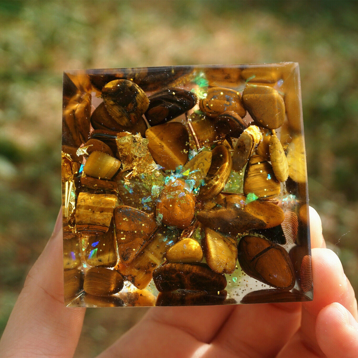 Handmade Tree of Life Orgone Pyramid 60mm Peridot With Tiger Eye Crystal Stone