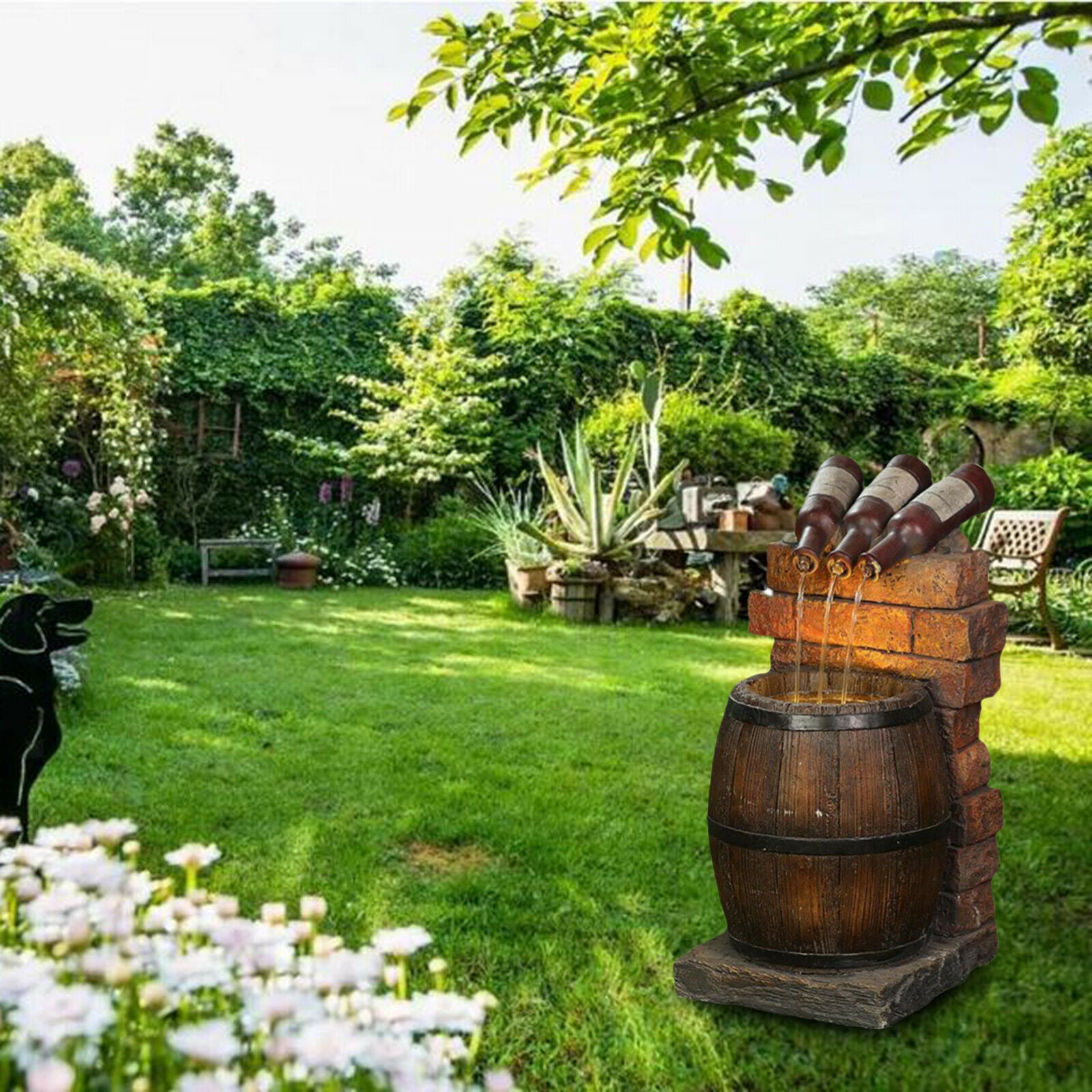 Mini Wine Bottle and Barrel Garden Water Fountain Rustic Home Decoration