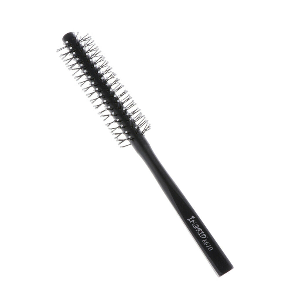 Mini Round Hair Brush Nylon Bristles Black Long Wood Handle Hair