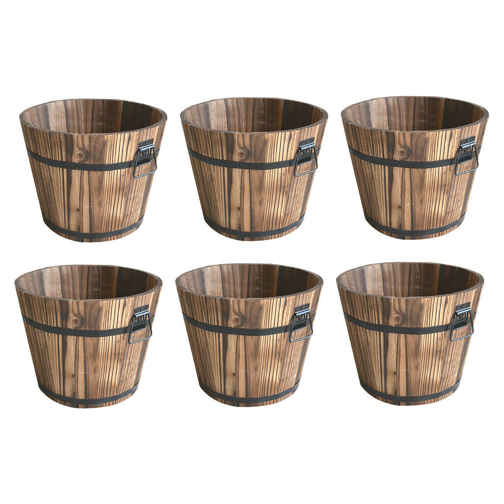 6Pcs Wood Bucket Barrel Succulent Flower Pot Planters Garden Outdoor Brown